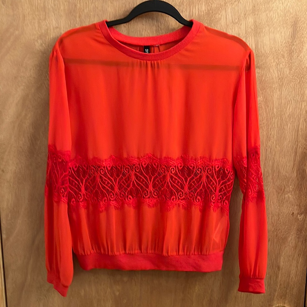 Divided red sheer and lace long sleeve blouse size small
